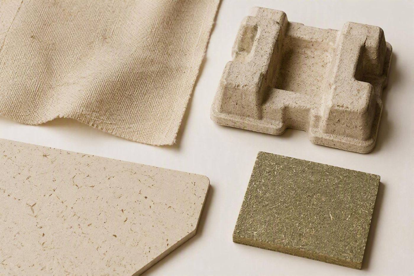 Grown material samples: woven fabric, pressed boards and moulded protective packaging